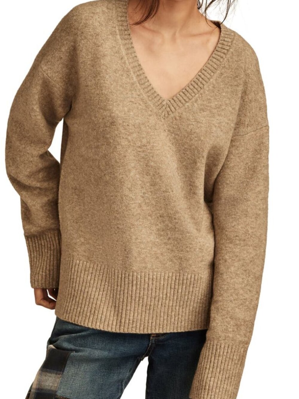 Lucky Brand Cozy V-Neck Sweater Women’s XS Oatmeal Tan Neutral Knit